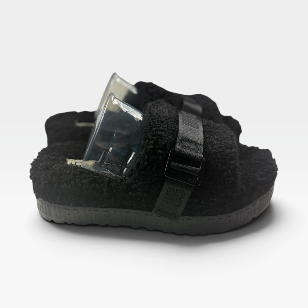 UGG Fluffita Slides Womens 9 Black Sheepskin Platform Sandals 1113475 NEW